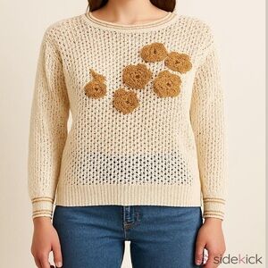 Mariea Kim Cream Crochet Gold Embroidery Open Knit Long Sleeve Sweater Size S